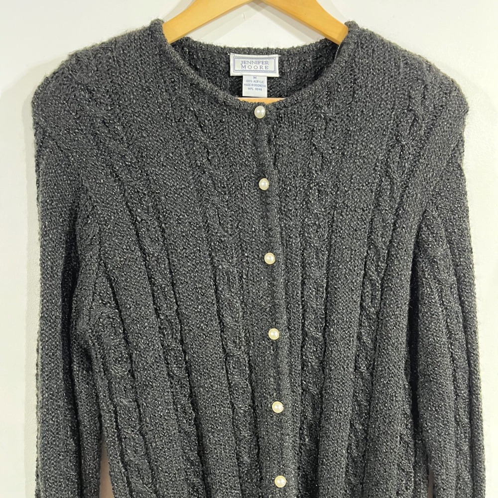 Jennifer Moore VTG 90s Fisherman Preppy Cable Knit Cardigan Sweater Medium Soft